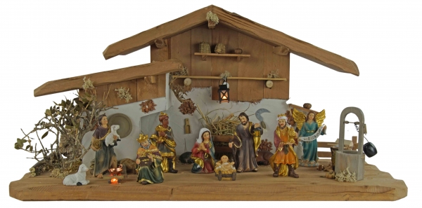 Bezaubernde Weihnachtskrippe Hartmannshof inkl. 11-tlg. Figurensatz K 604, Maße Krippe: ca. 60 x 24 x 30 cm